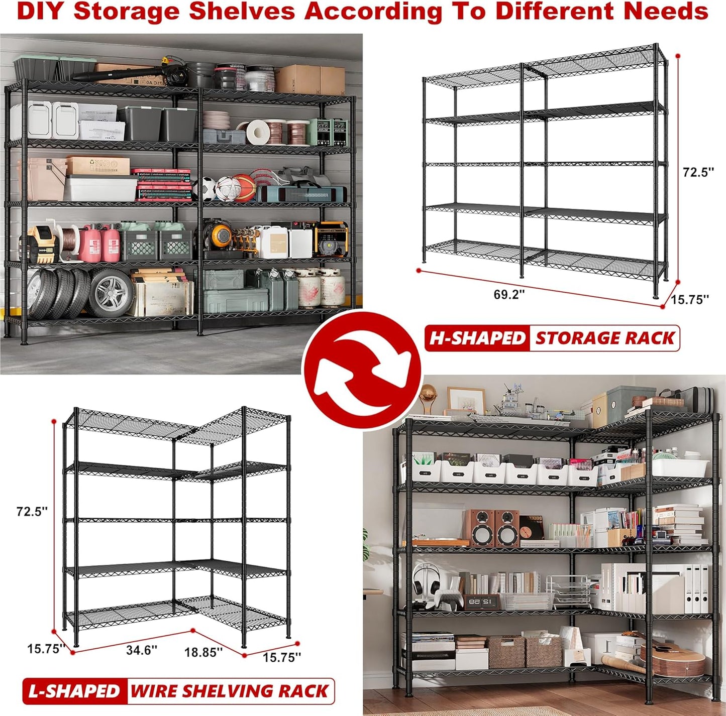 REIBII 70" W Storage Shelves Heavy Duty Load 1600LBS, Metal Shelving 5-Tier Wire Shelving Unit