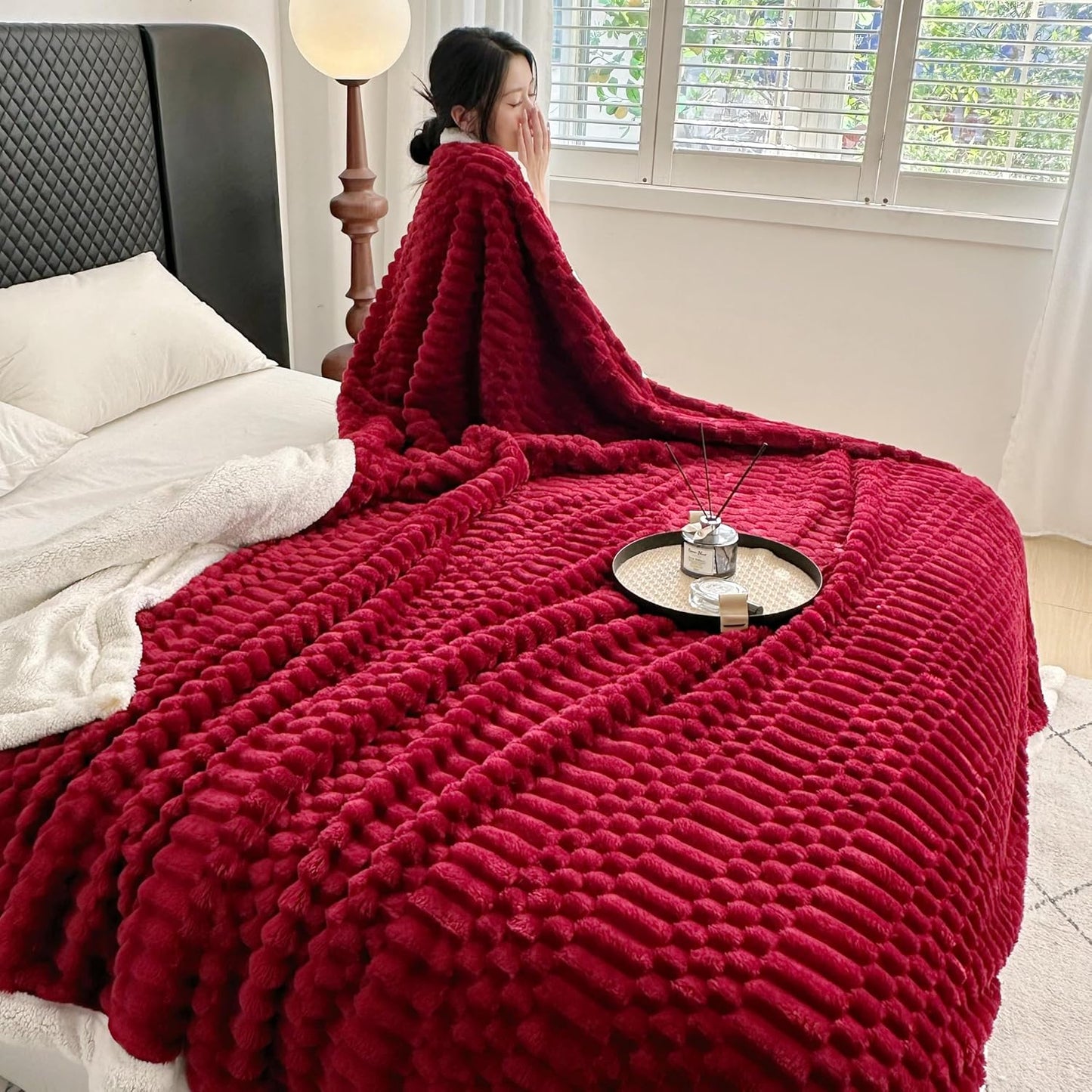 UKELER Sherpa Bed Blanket 80 × 90 inch, Ultra Soft Queen Size Throw Blanket for All Season, 470 GSM