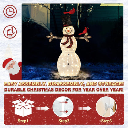 5FT Lighted Snowman with Birds for Christmas Decoration, 3D Pre-Lit Iridescent Snowman Xmas Decor