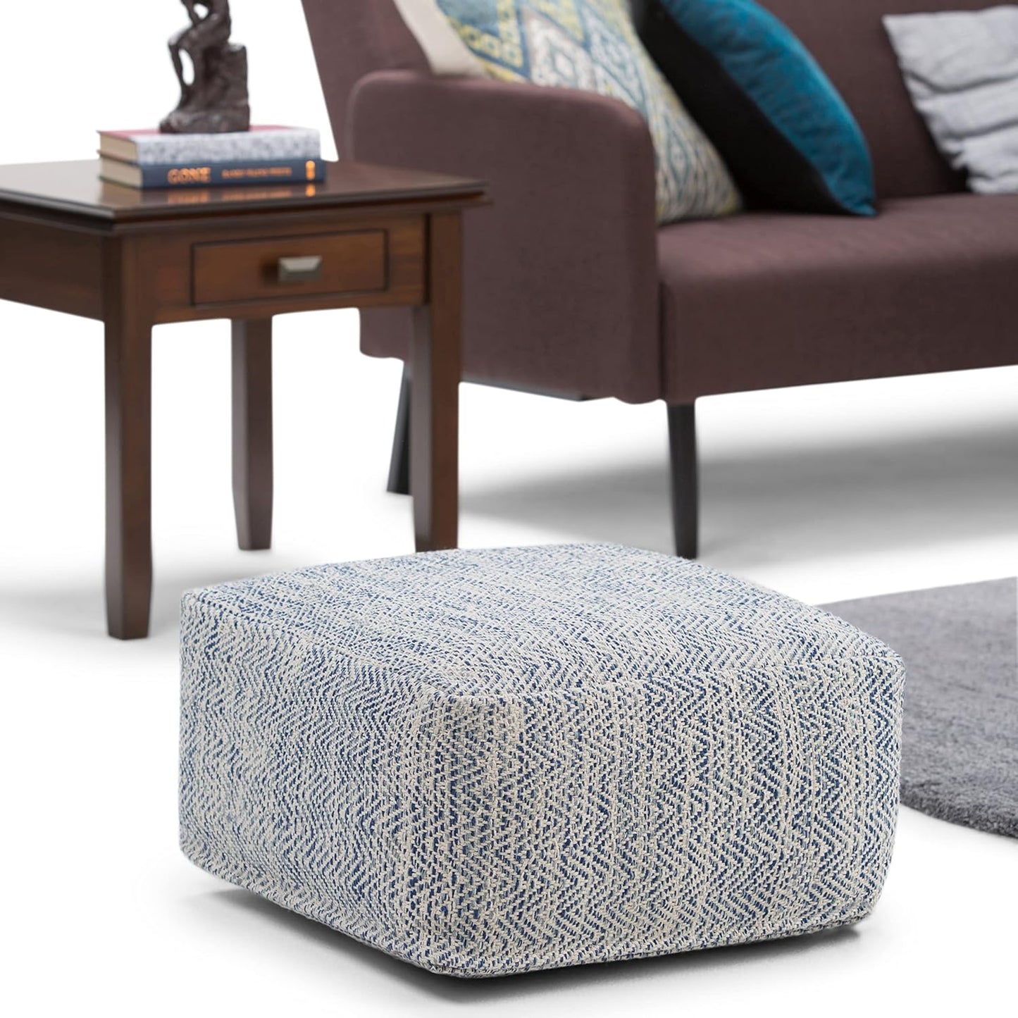 SIMPLIHOME Nate 20-inch Wide Square Pouf in Patterned Denim Mélange, Handwoven Boho-Style Cotton