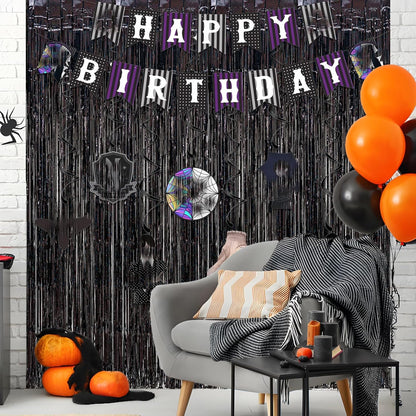 Black Tinsel Curtain Party Backdrop - GREATRIL Party Streamers Backdrop Foil Fringe Curtains for
