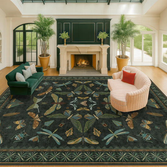 Green Living Room Rug - Vintage Washable Dark Green 10x14 Rug for Dining Room Under Table, Bedroom