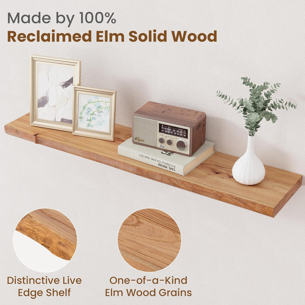 Floating Shelves for Wall Decor, Rustic Solid Elm Wood Live Edge Floating Shelves Wall Mounted