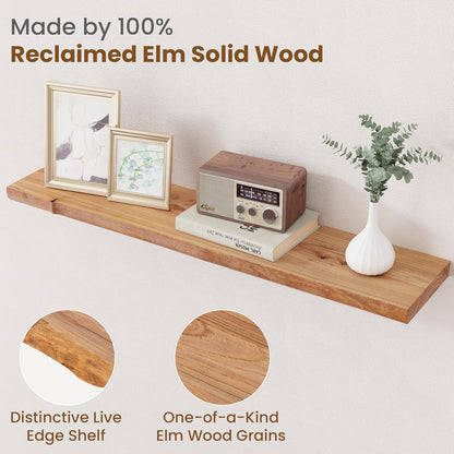 Floating Shelves for Wall Decor, Rustic Solid Elm Wood Live Edge Floating Shelves Wall Mounted