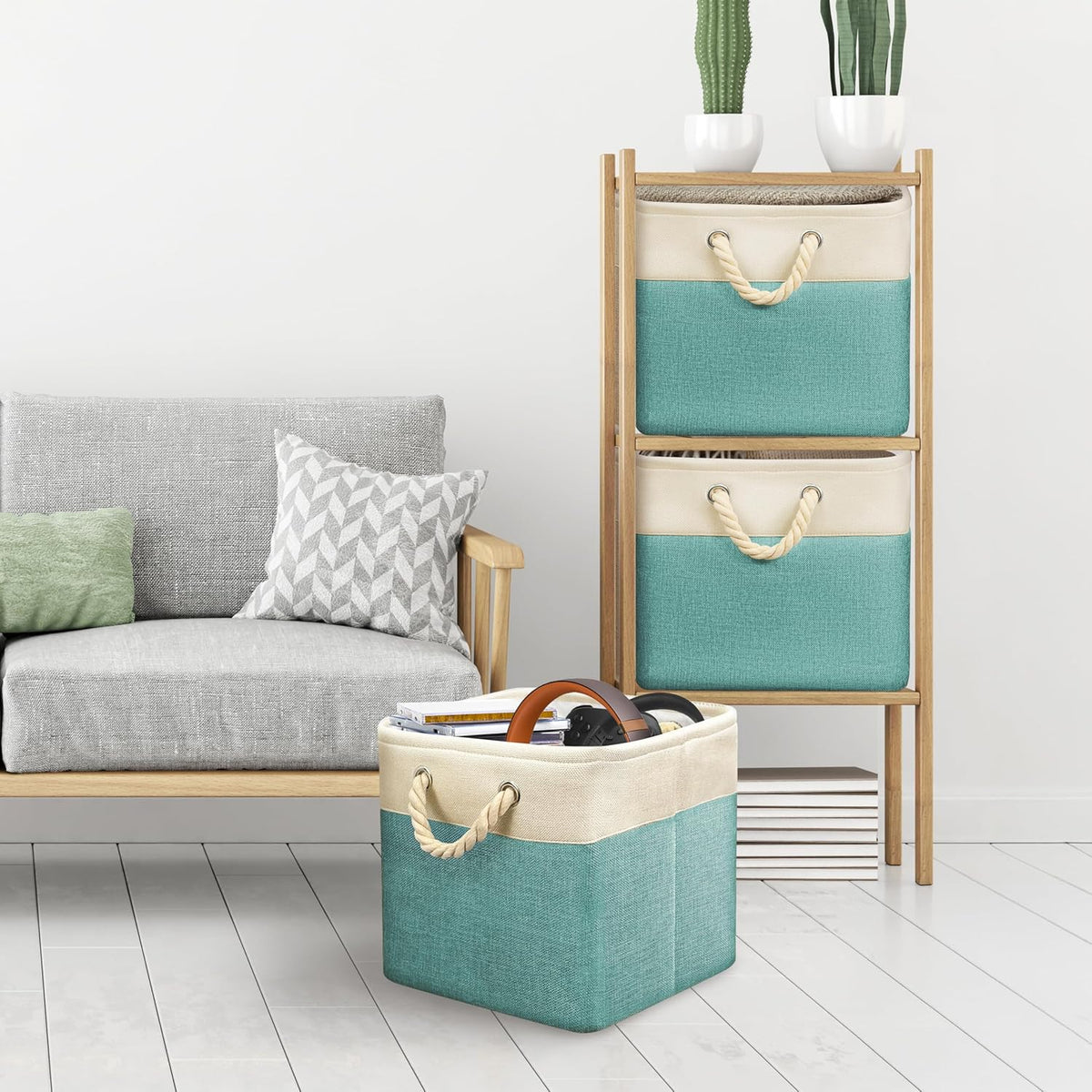 SIMPLE HOUSEWARE Fabric Storage Cubes, 13" x 13" Storage Bin, 3 Pack, Turquoise