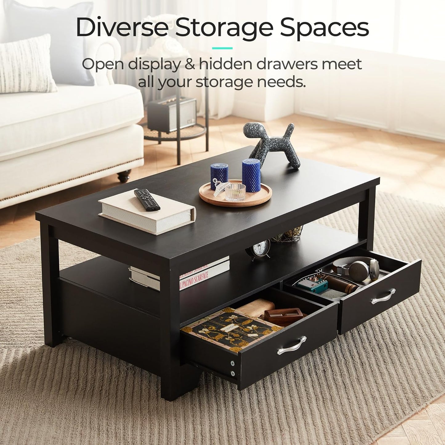 LINSY HOME Farmhouse Coffee Table with Storage, Wood Coffee Table for Living Room, Open Display