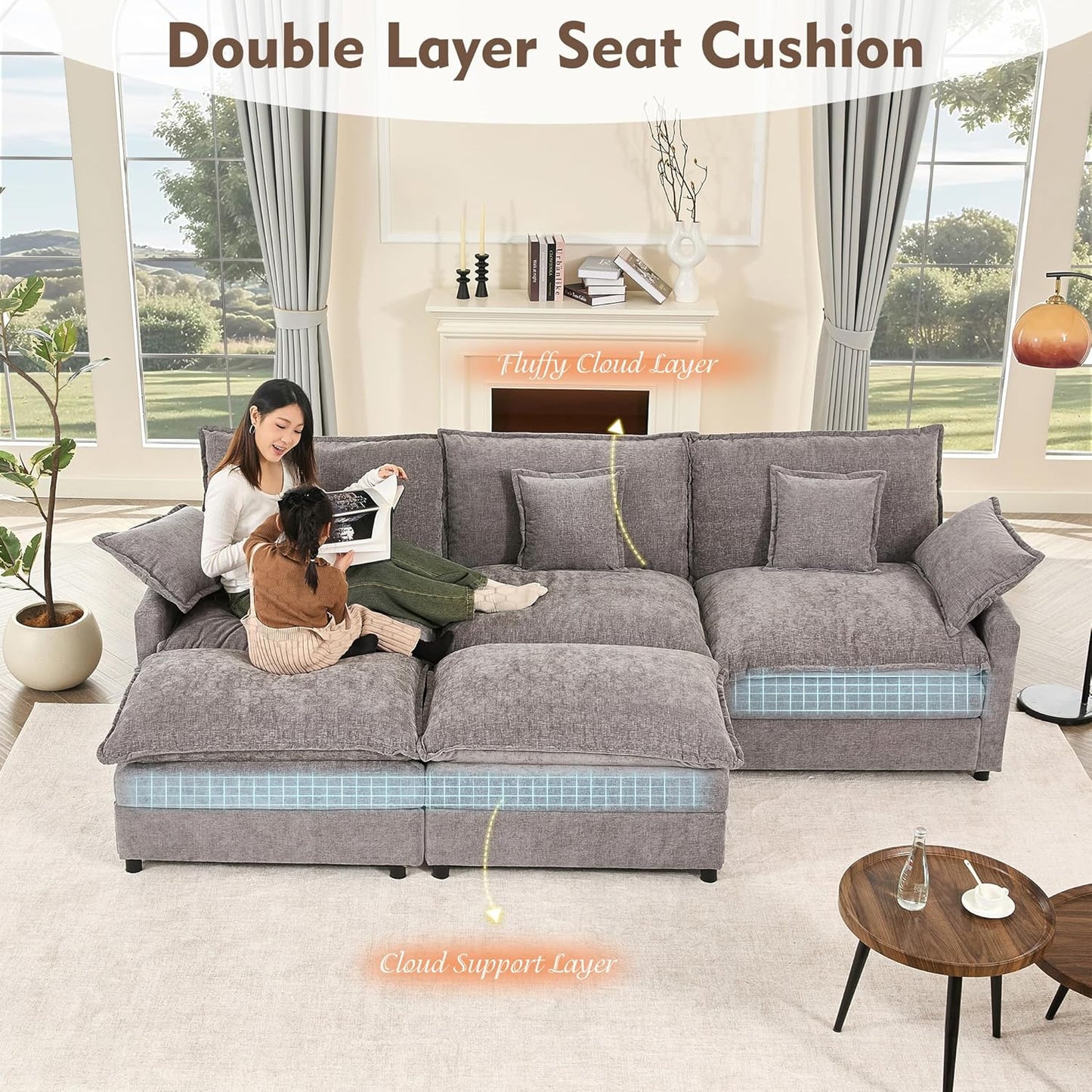 108" U Shaped Couch, Modular Sectional Sofa, 3-Seater Comfy Cloud Couch with Movable Ottoman, Deep
