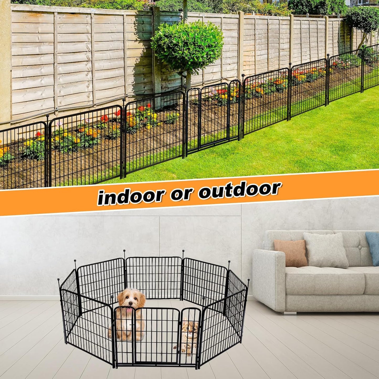 24 in(H) Decorative Garden Fences with Gate, 8 Panels Total 15.7 ft(L) Heavy Duty Iron Animal