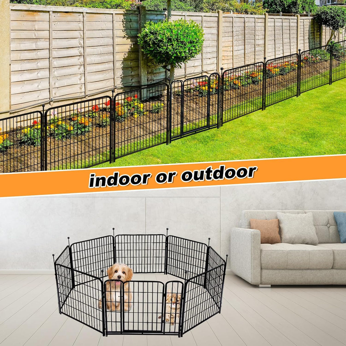 24 in(H) Decorative Garden Fences with Gate, 8 Panels Total 15.7 ft(L) Heavy Duty Iron Animal