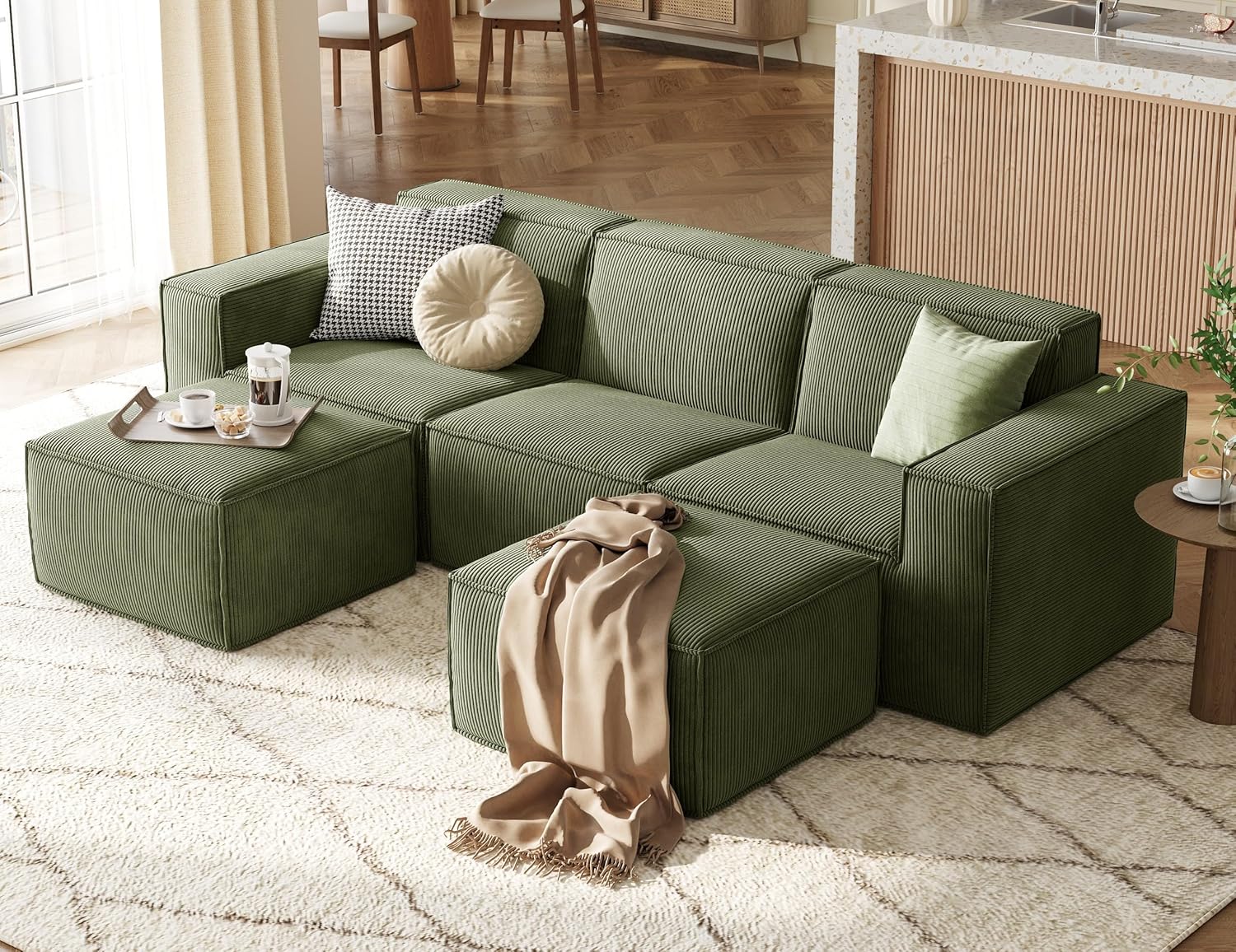 LINSY HOME Modular Sectional Sofa, 105" Boneless Couch U Shaped 3-Seat Sofa with 2 Ottomans