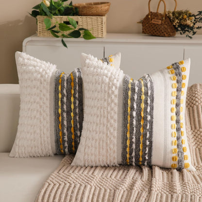Boho Chenille Tufted Couch Throw Pillow Covers 18x18 Inch Set of 2 Farmhouse Striped Decorative