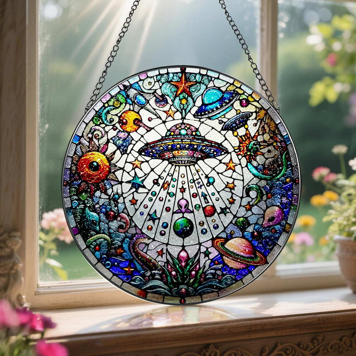 Stained Glass Window Hanging, LAOWEIKI 8'' UFO&Alien Suncatcher, Stained Glass Ornament