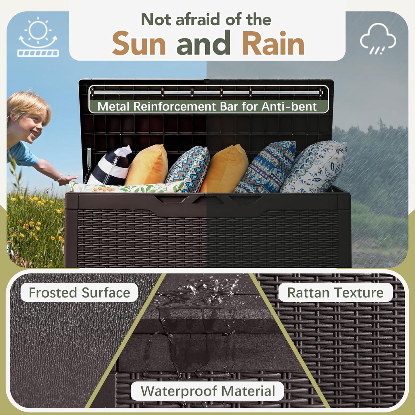 Flamaker Deck Box with Cushion 100 Gallon Waterproof Resin Storage Box with Air Rod Indoor Outdoor