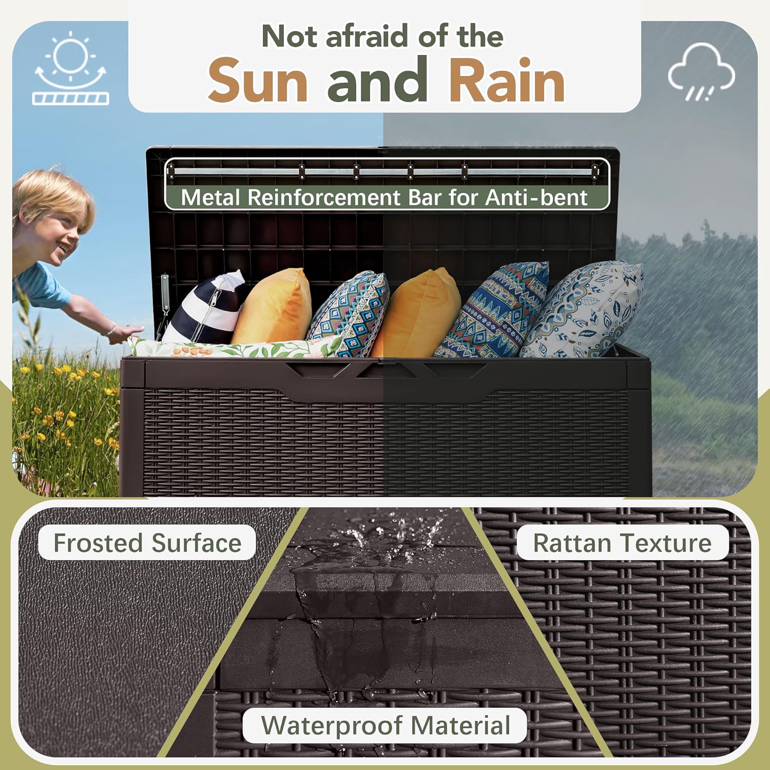 Flamaker Deck Box with Cushion 100 Gallon Waterproof Resin Storage Box with Air Rod Indoor Outdoor