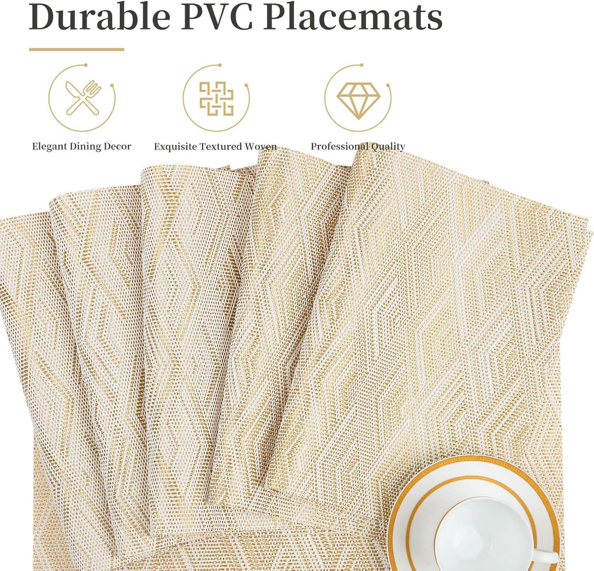 Vinyl Plastic Placemats Set of 6 Washable Heat Resistant Non-Slip Elegant Indoor Outdoor Kitchen