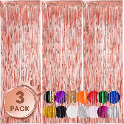 3 Pack 3.3x8.2 Feet Rose Gold Foil Fringe Backdrop Curtains, Tinsel Streamers Birthday Party