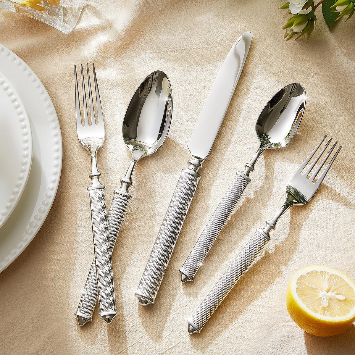 KINGSTONE Retro Rope-Pattern Silverware Set, 20-Piece Flatware Set Cutlery Set Forged with
