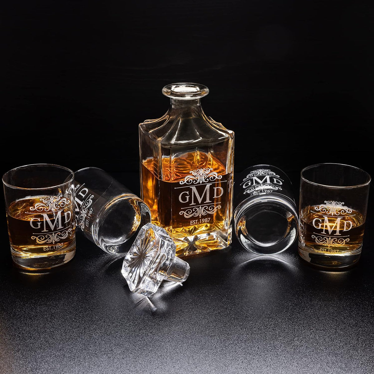 Gifts Inscribed Personalized Whiskey Decanter Set - Engraved Whiskey Decanter Bottle & Set of 4