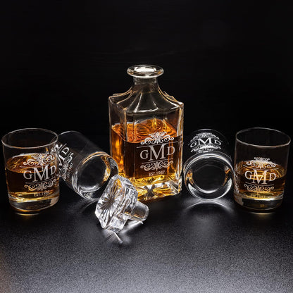 Gifts Inscribed Personalized Whiskey Decanter Set - Engraved Whiskey Decanter Bottle & Set of 4