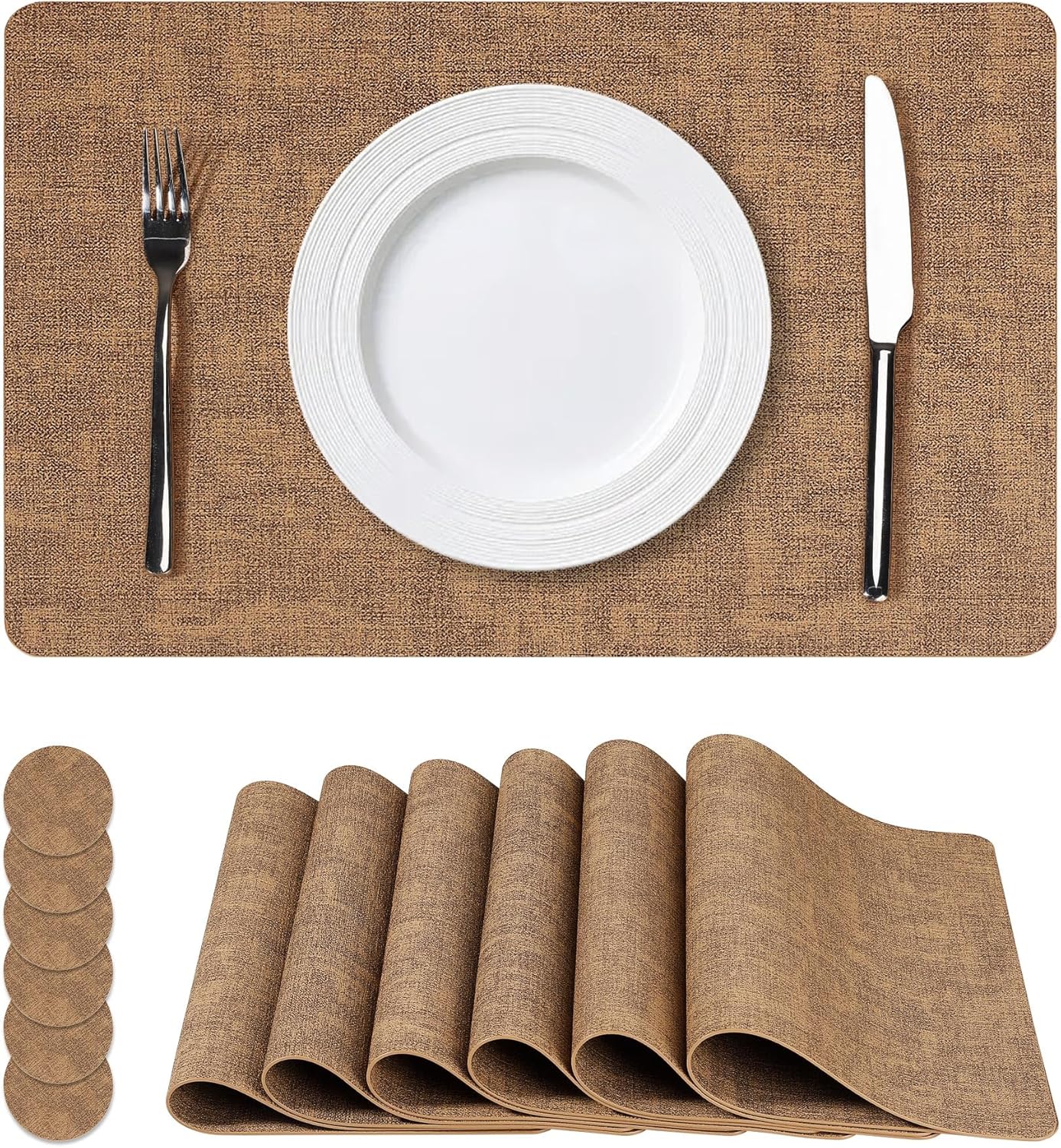 Vinyl Placemats Set of 6, Faux Leather Waterproof and Heat Resistant Place Mats, Washable Anti-Slip