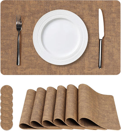 Vinyl Placemats Set of 6, Faux Leather Waterproof and Heat Resistant Place Mats, Washable Anti-Slip