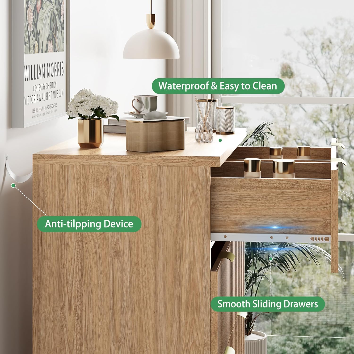 Fluted Dresser for Bedroom with 6 Drawers, 46" Tall Modern Chest of Drawers with Metal Handle