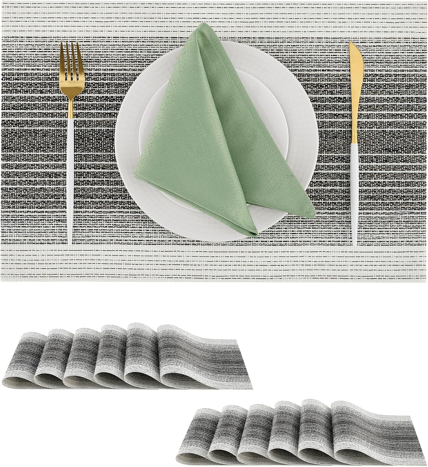 Leetaltree Black with White Woven Placemats Set of 12 - Heat Resistant Non-Slip Place mats for