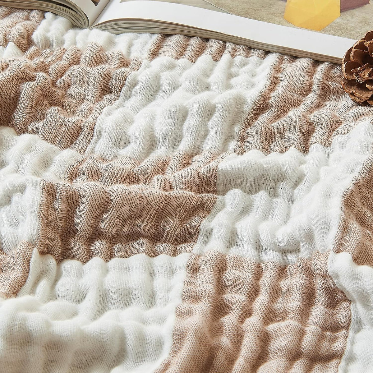 EMME Checkered Cotton Blanket Twin Large 60"x80" 100% Muslin for Couch Breathable Cooling Gauze All