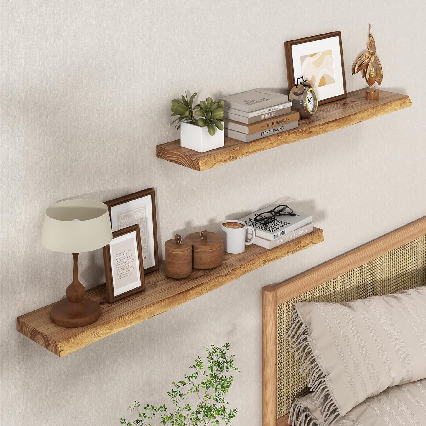 Axeman 40 inch Floating Shelves for Wall - 8'' D Live Edge Rustic Solid Elm Wood Floating Shelves