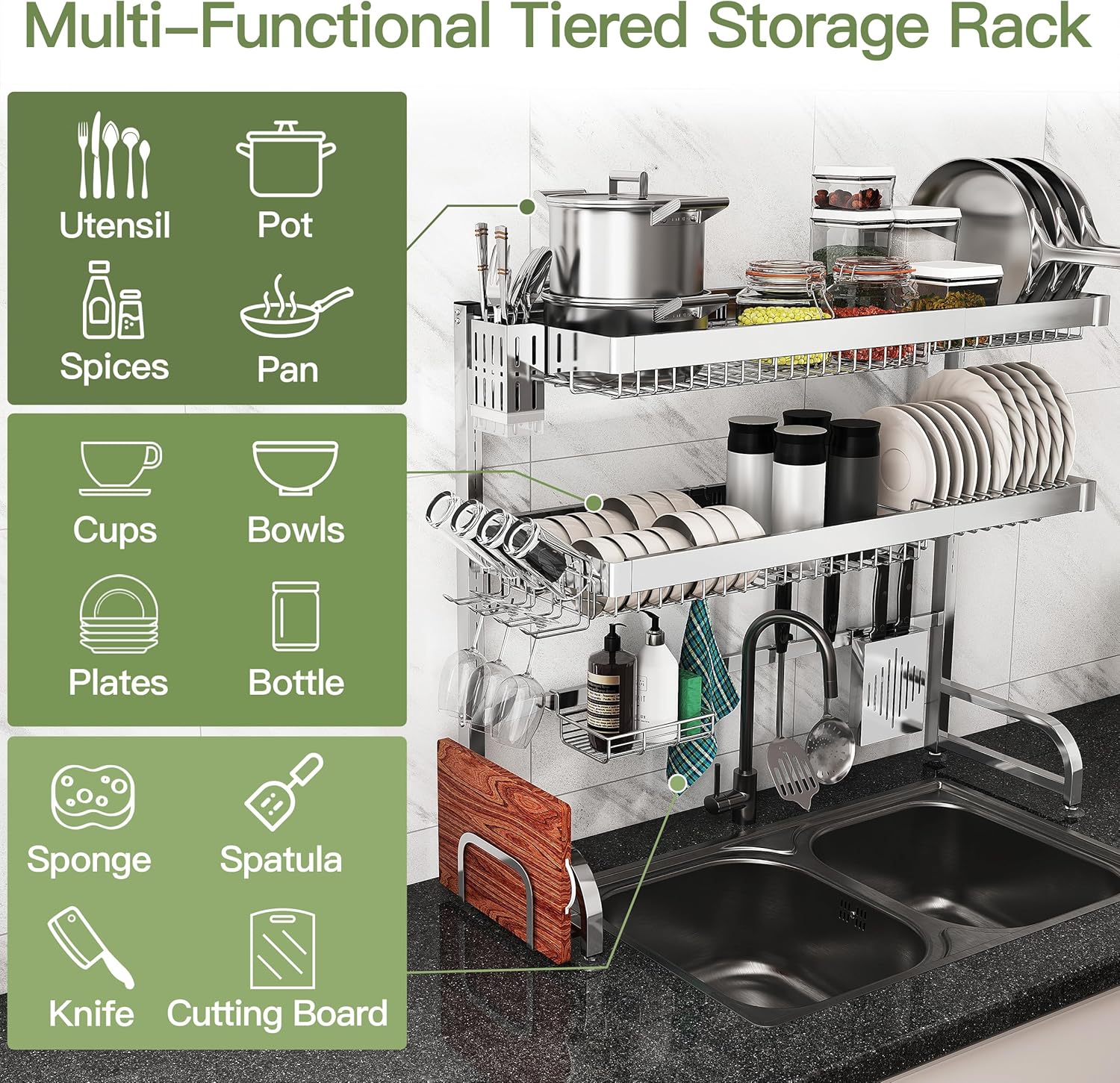 3 Tier Extra Large Stainless Steel Expandable Over The Sink Dish Drainer Drying Rack, Rust Proof