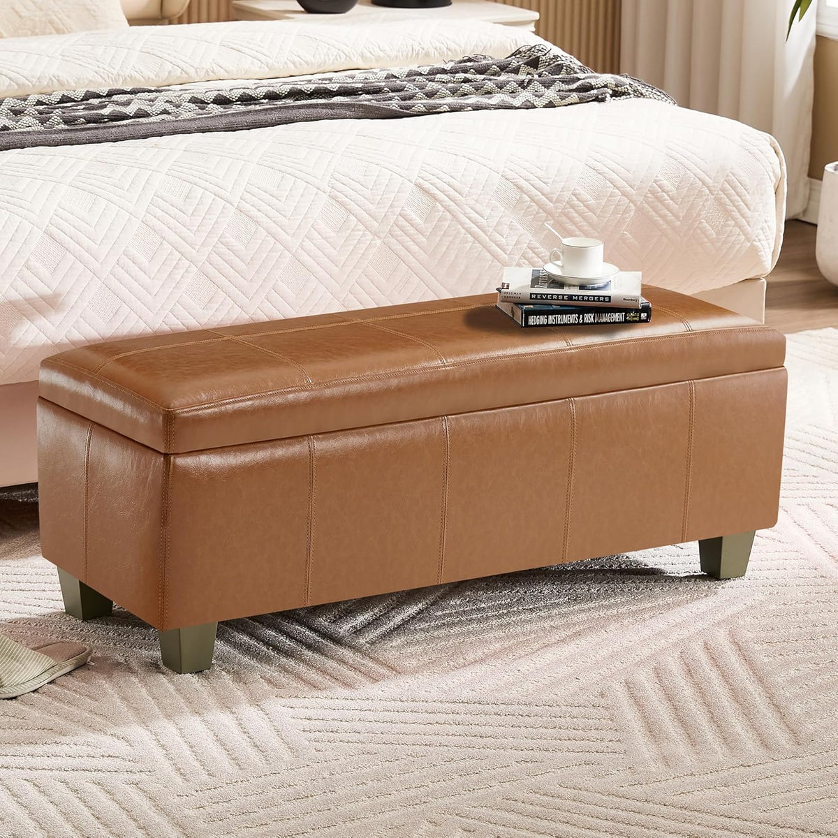 41" Faux Leather Storage Ottoman, Stitch Tufted Rectangle Upholstered End of Bed Storage Bench