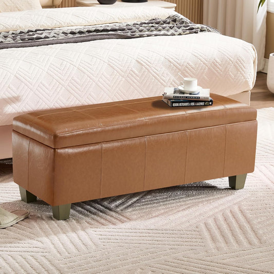 41" Faux Leather Storage Ottoman, Stitch Tufted Rectangle Upholstered End of Bed Storage Bench