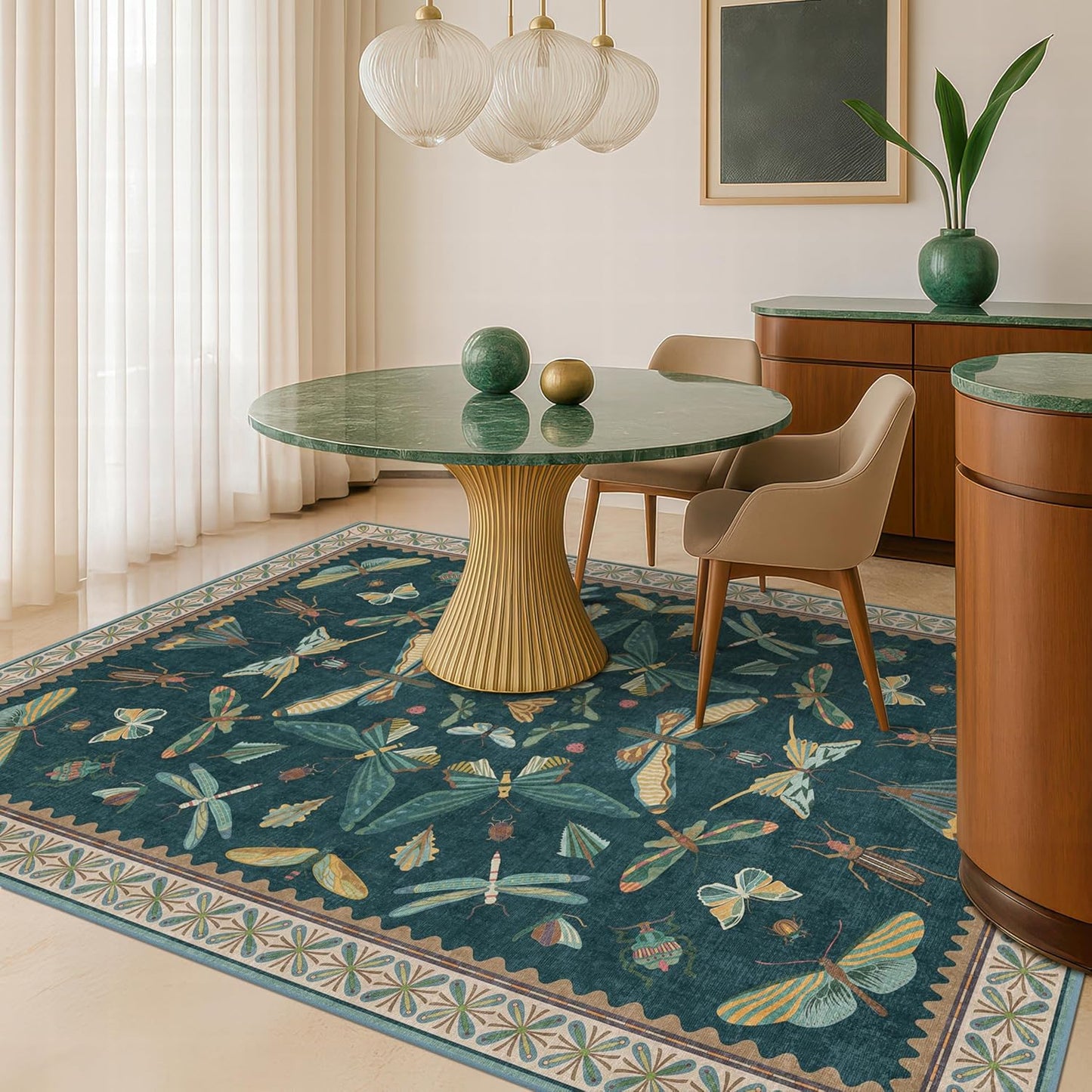 Insect Teal Green 5x7 Area Rug for Living Room - Cottage Core Rug for Bedroom, Dining Room, Kids