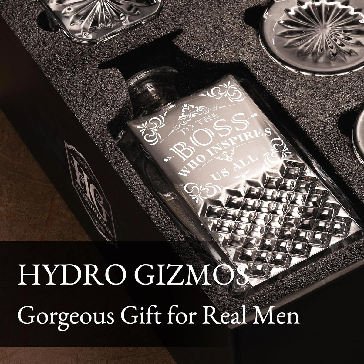 Luxury Gift For Boss - Boss Who Inspires Us All - Unique Engraved Whiskey Decanter Set For The