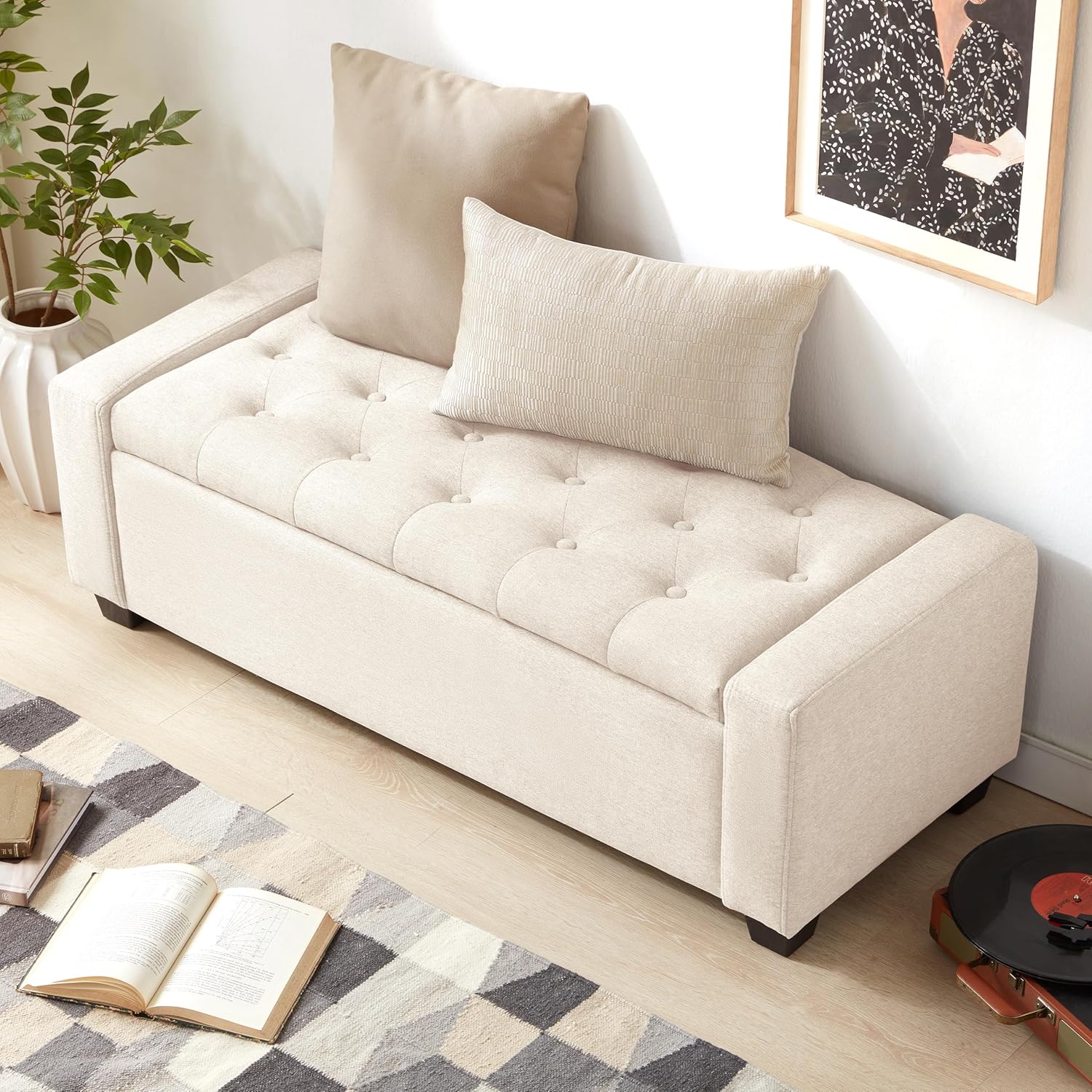 48" Ottoman with Storage, Storage Ottoman Bench with Safety Hinge, Upholstered Entryway Bench with