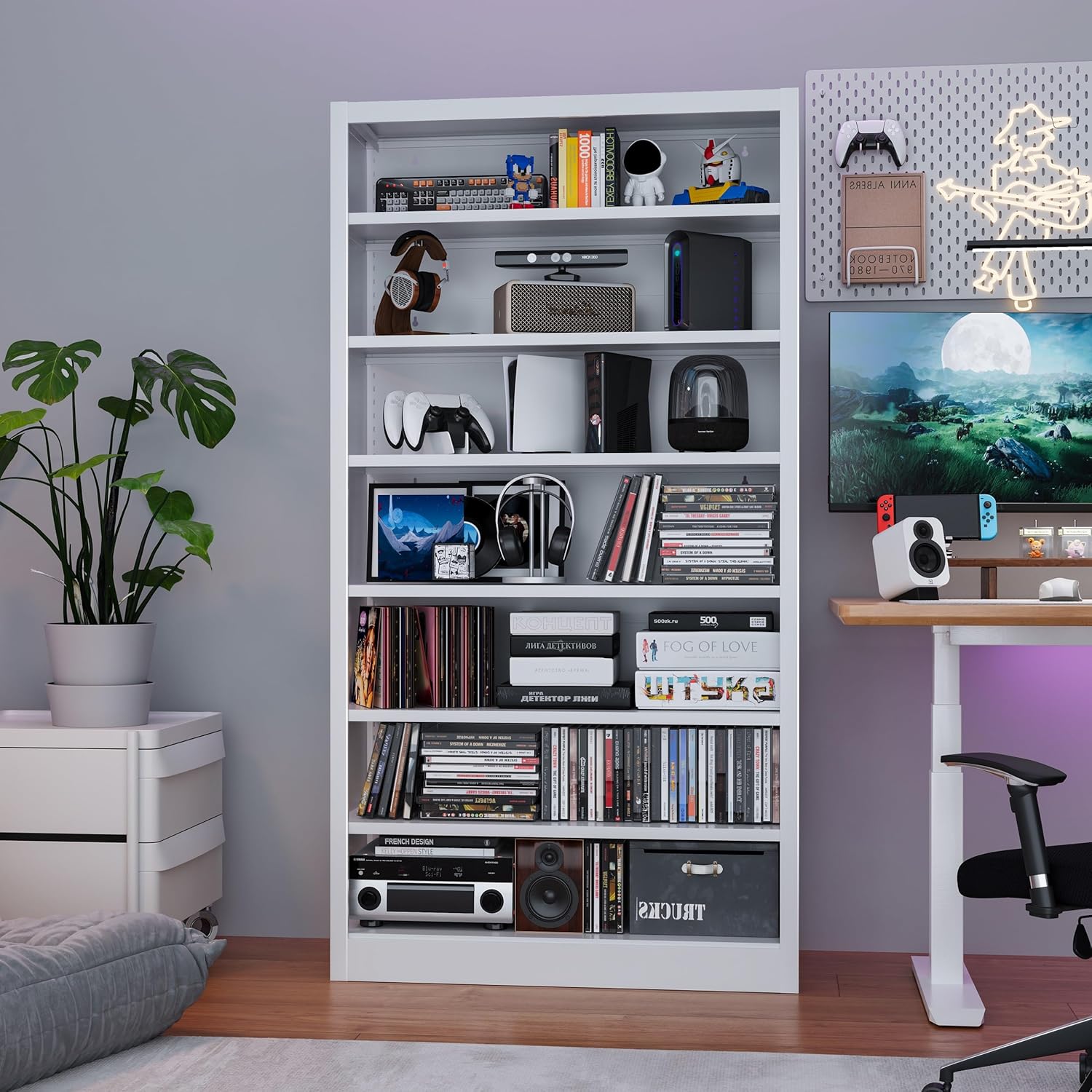 Metal DVD Storage Cabinets White, 7-Tier CD Storage Rack with Adjustable Shelves for CD Holder