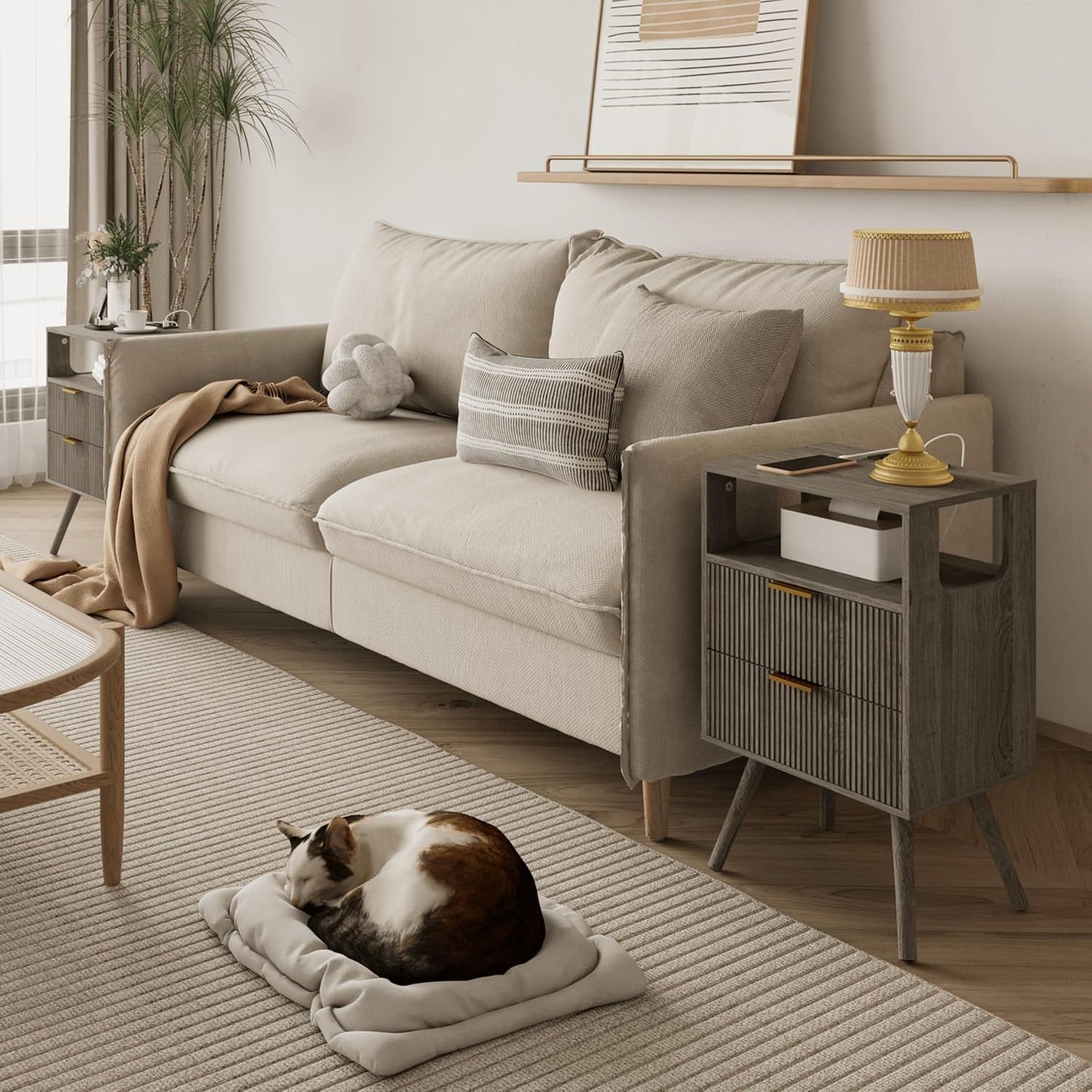 Nightstand with Charging Station and LED Lights,Modern Bedside Table with 2 Storage Drawer and Open