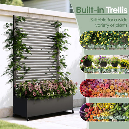 Metal Planter Box with Trellis Privacy Screen, Raised Garden Bed with Trellis & Wheels, Privacy