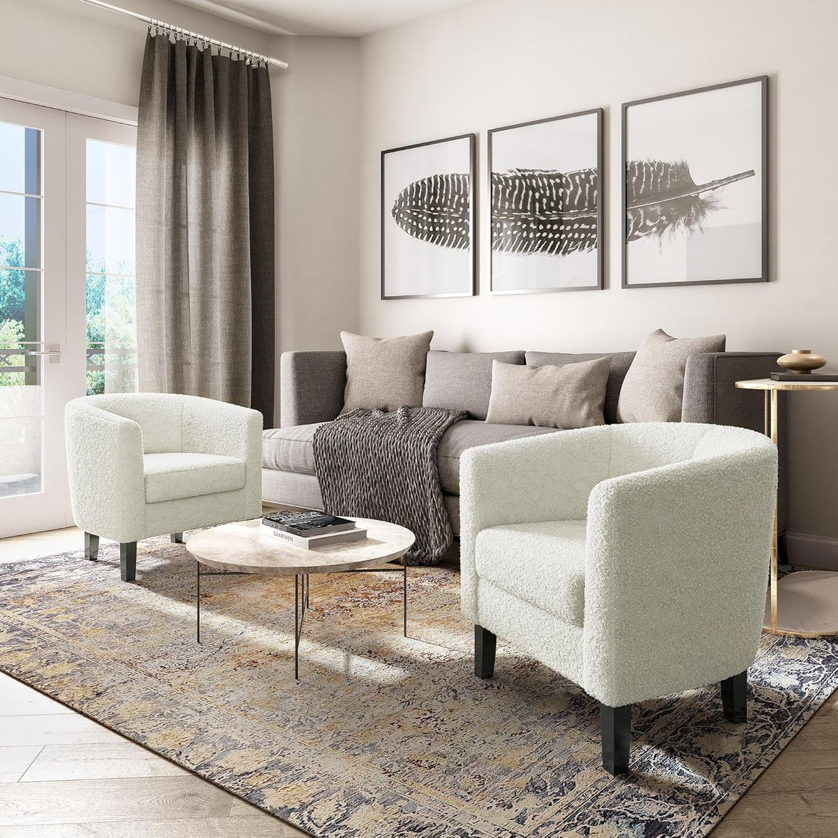 BELLEZE Accent Barrel Chair Set of 2, Linen Round Chair Club Tub Sofa Corner Chair with Flared Legs