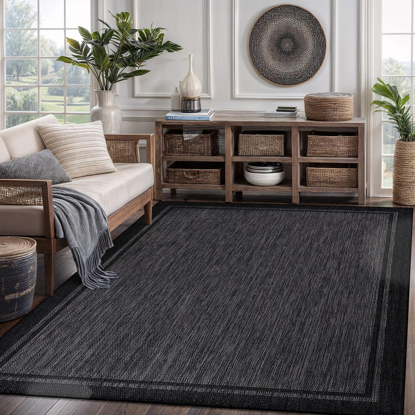 CAMILSON Indoor Outdoor Rug, 5x7 Bordered Dark Grey Black Modern Area Rugs for Indoor and Outdoor