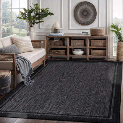 CAMILSON Indoor Outdoor Rug, 5x7 Bordered Dark Grey Black Modern Area Rugs for Indoor and Outdoor