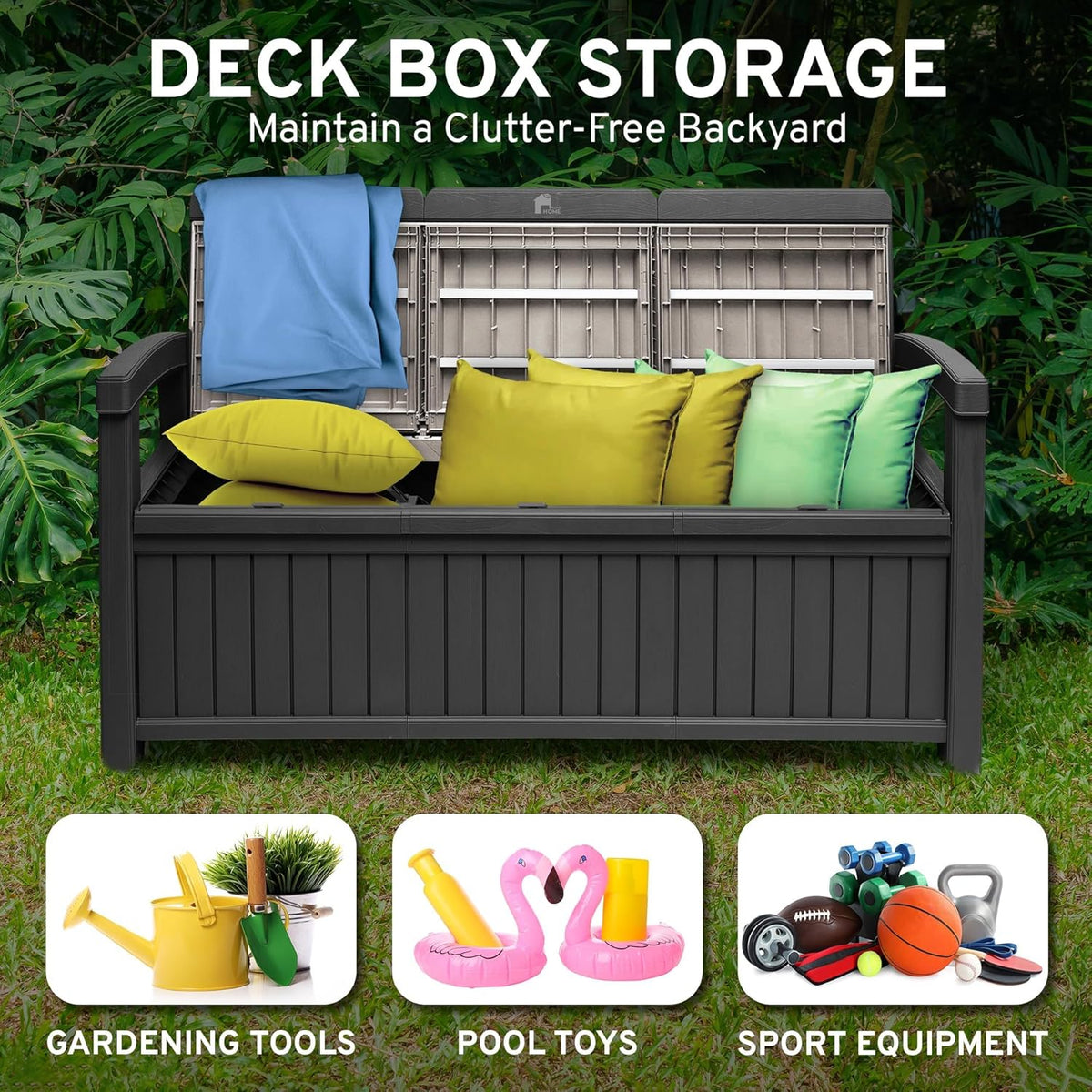 EconoHome 3 Seat Outdoor Storage Bench - 90 Gallon Capacity - Weatherproof Resin Bench for Patio