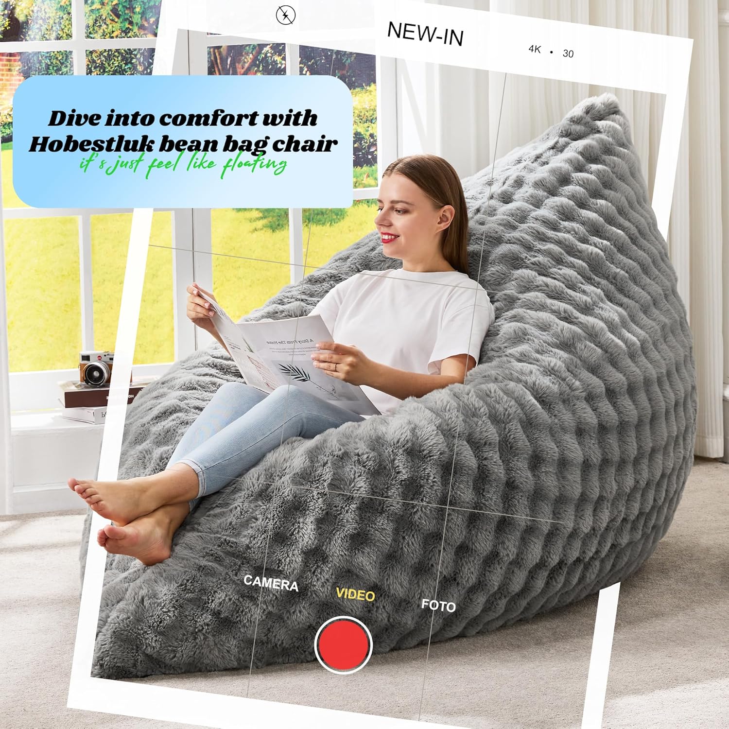Hobestluk 3 in 1 Bean Bag Chair Giant Bean Bag Chairs for Adults with Bubble Cover Convertible Bean