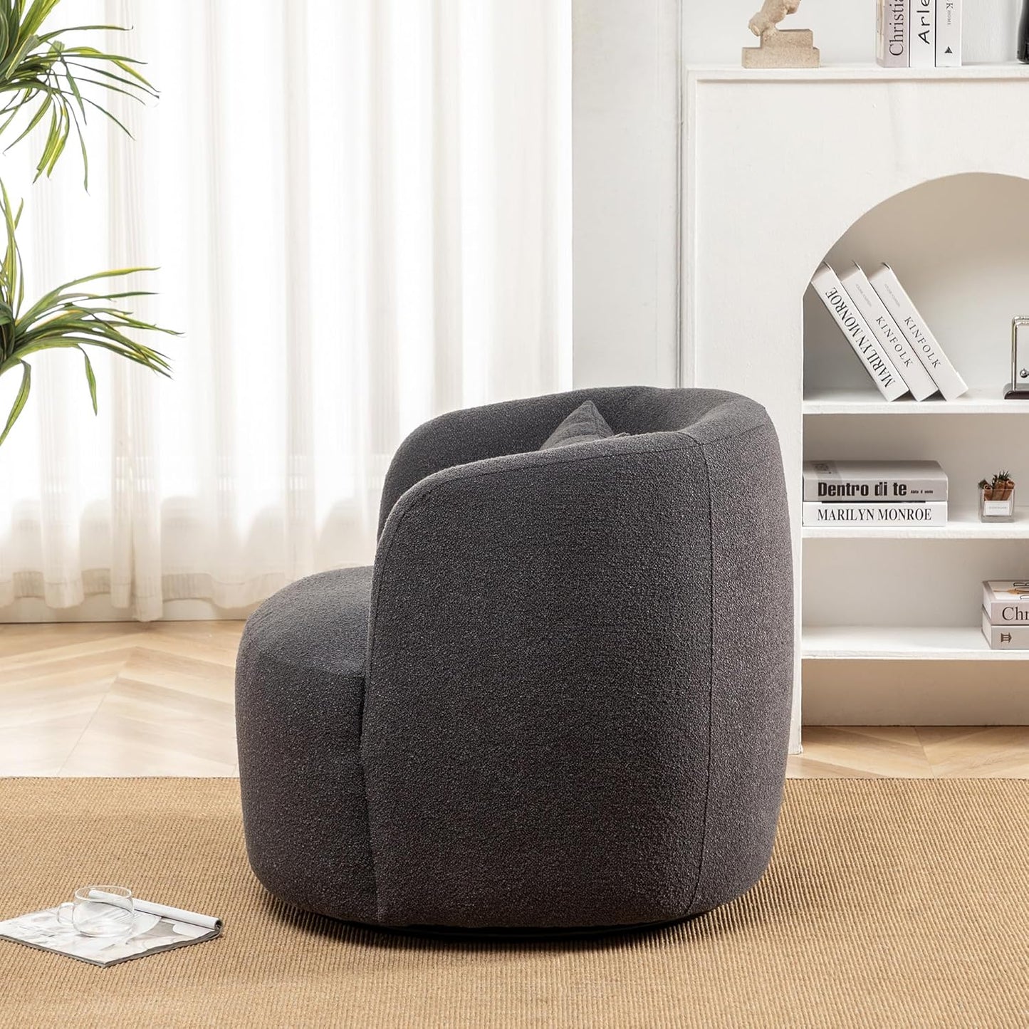KINWELL 34" Wide Boucle Swivel Barrel Chair, No Assembly Round Upholstered Armchair Accent Chair