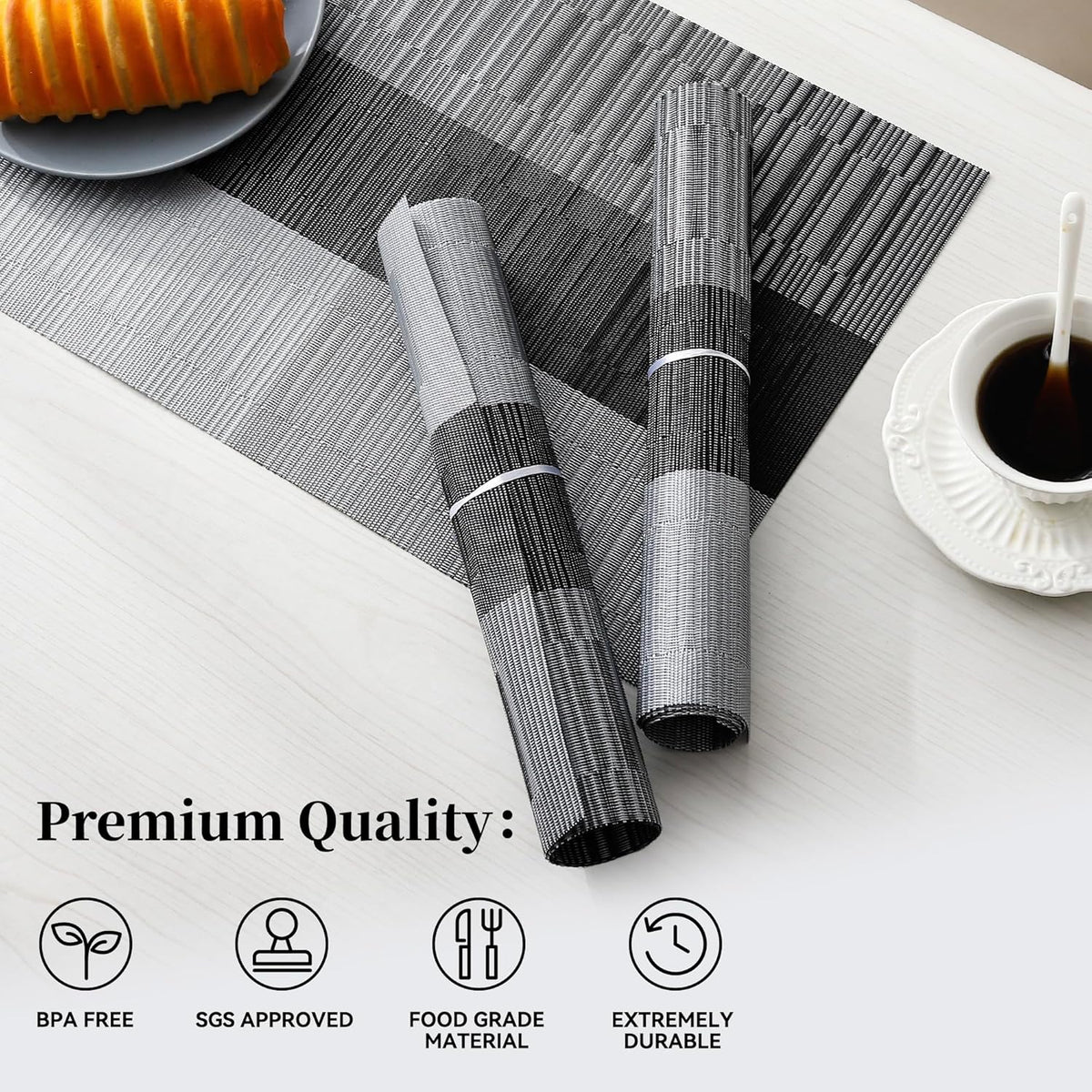 Leetaltree Grey with White Striped Placemats Set of 6 - Heat Resistant Non-Slip Place mats for