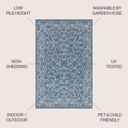 JONATHAN Y Vintage Filigree Indoor Outdoor Area Rug 9X12 Navy/Gray, Charleston Textured Weave for