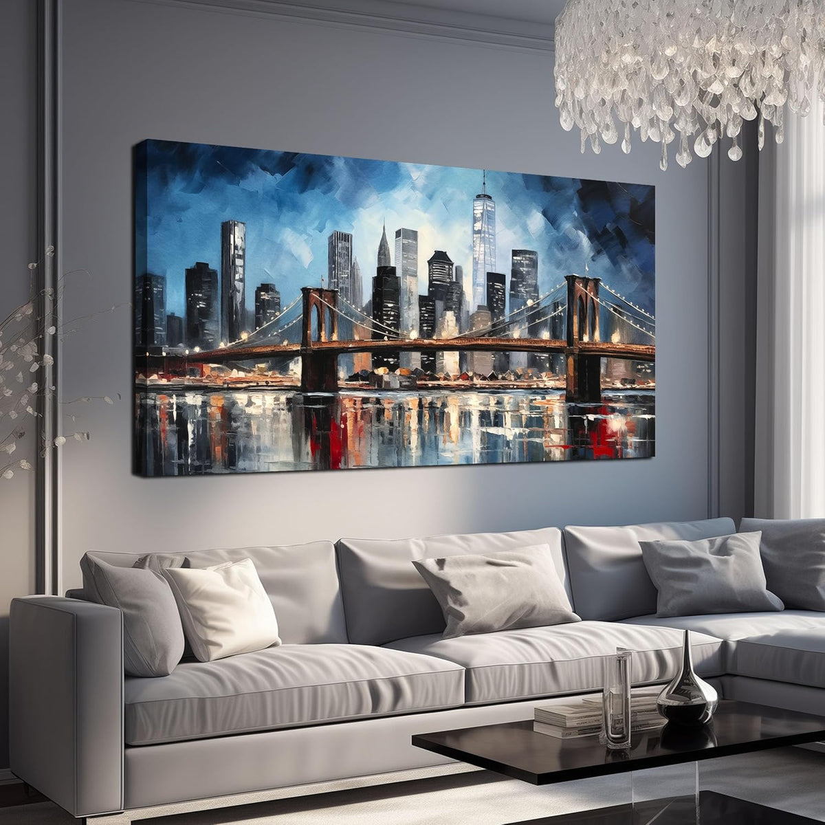 Brooklyn Bridge Wall Art for Bedroom,Modern City Large Canvas Wall Art Living Room,Blue Home Office