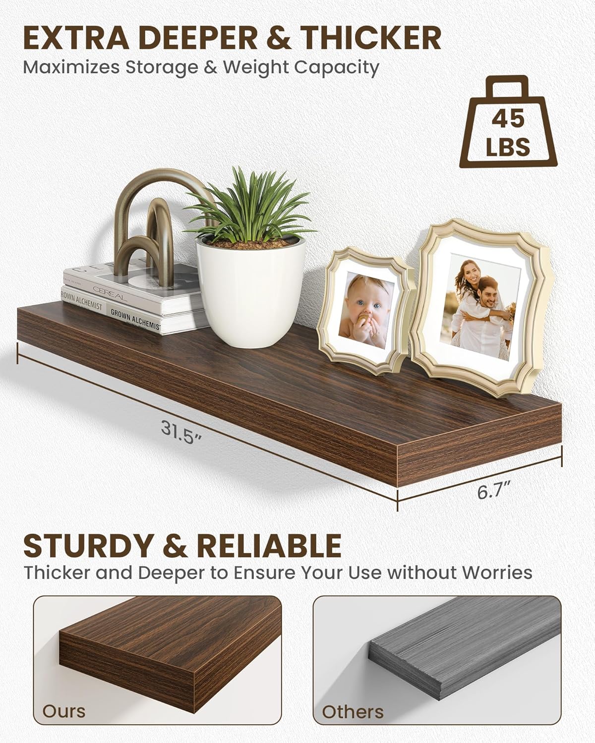 Marsmiles 31.5" Floating Shelves for Wall, Wooden Shelves with Invisible Brackets Set of 2, Rustic