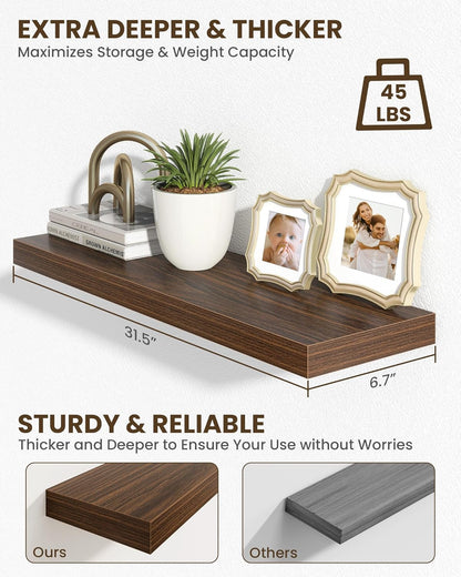 Marsmiles 31.5" Floating Shelves for Wall, Wooden Shelves with Invisible Brackets Set of 2, Rustic