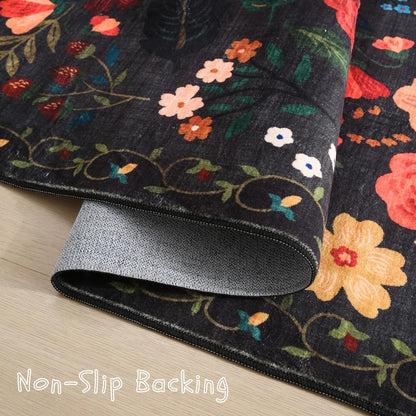 Bedroom Rug 3x5 Rug Washable Area Rug Non Slip Low Pile Boho Floral Small Carpet for Bedroom